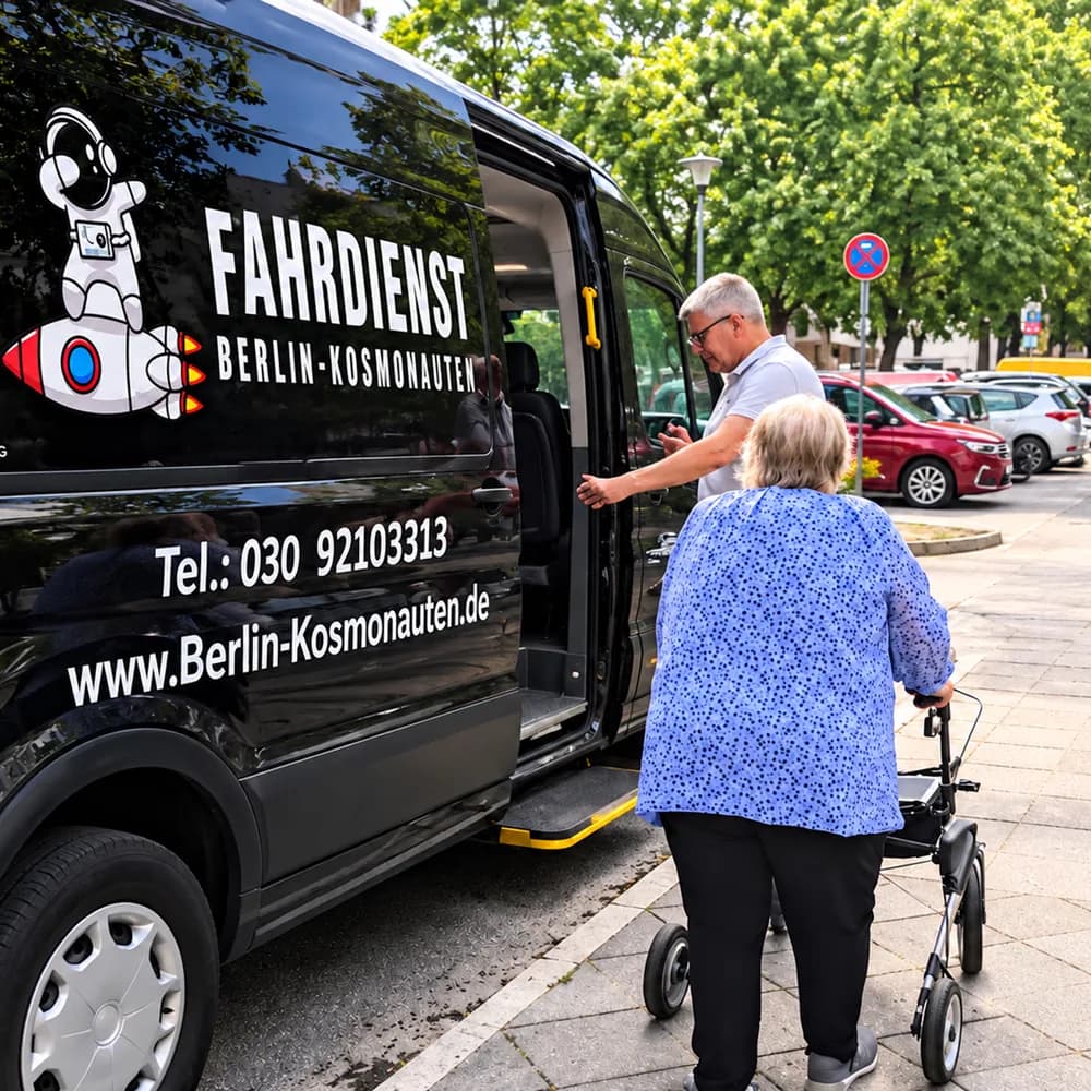 Fahrer vom Fahrdienst Berlin-Kosmonauten hilft einer Seniorin mit Rollator in den Kleinbus