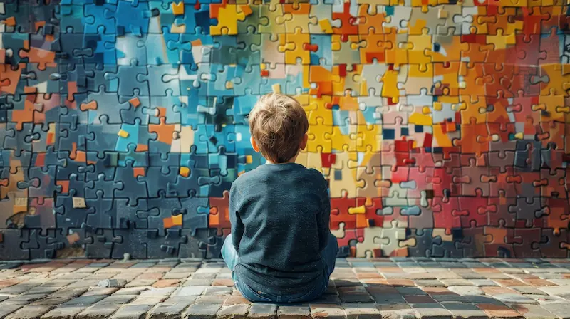 Autistisches Kind sitzt vor einer bunten Puzzle-Wand